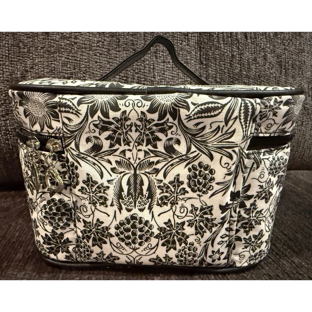 Bella Russo Makeup Bag  Black White Floral Design Zipper Closure Handle Charms